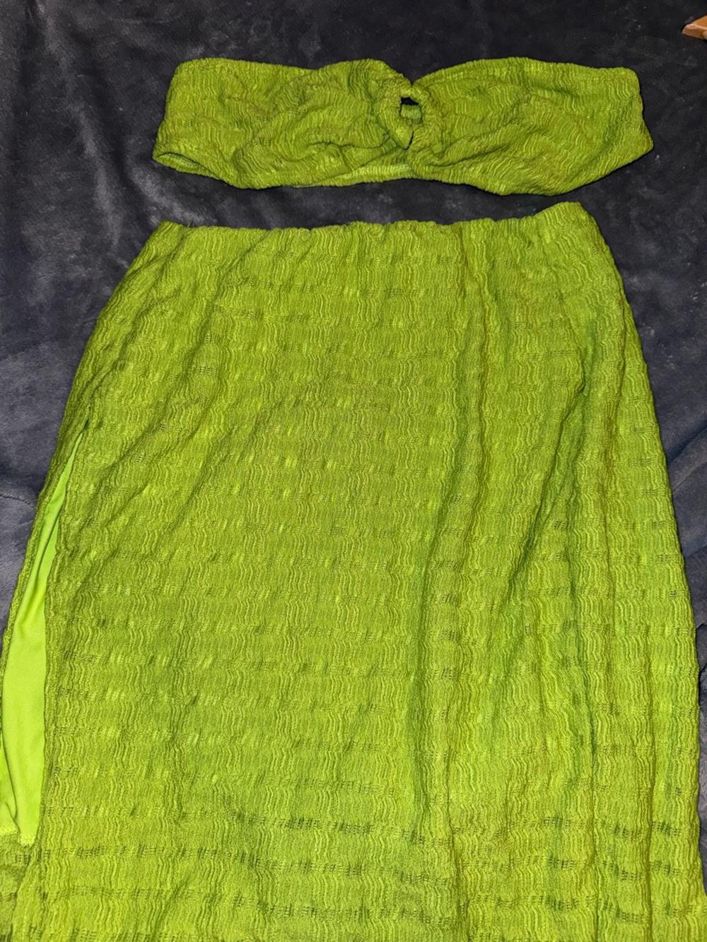 Lime Green Textured Knit Skirt Set Large
